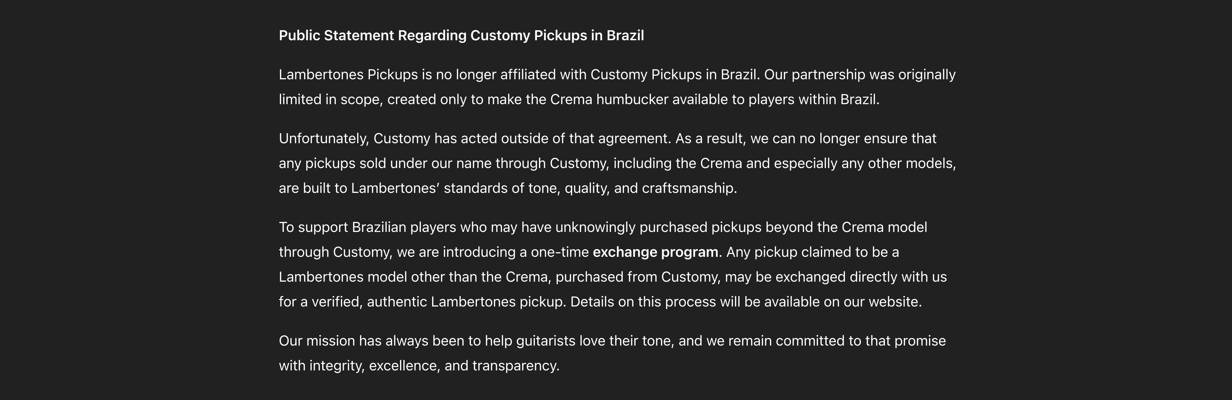 Public Statement Regarding Customy Pickups in Brazil