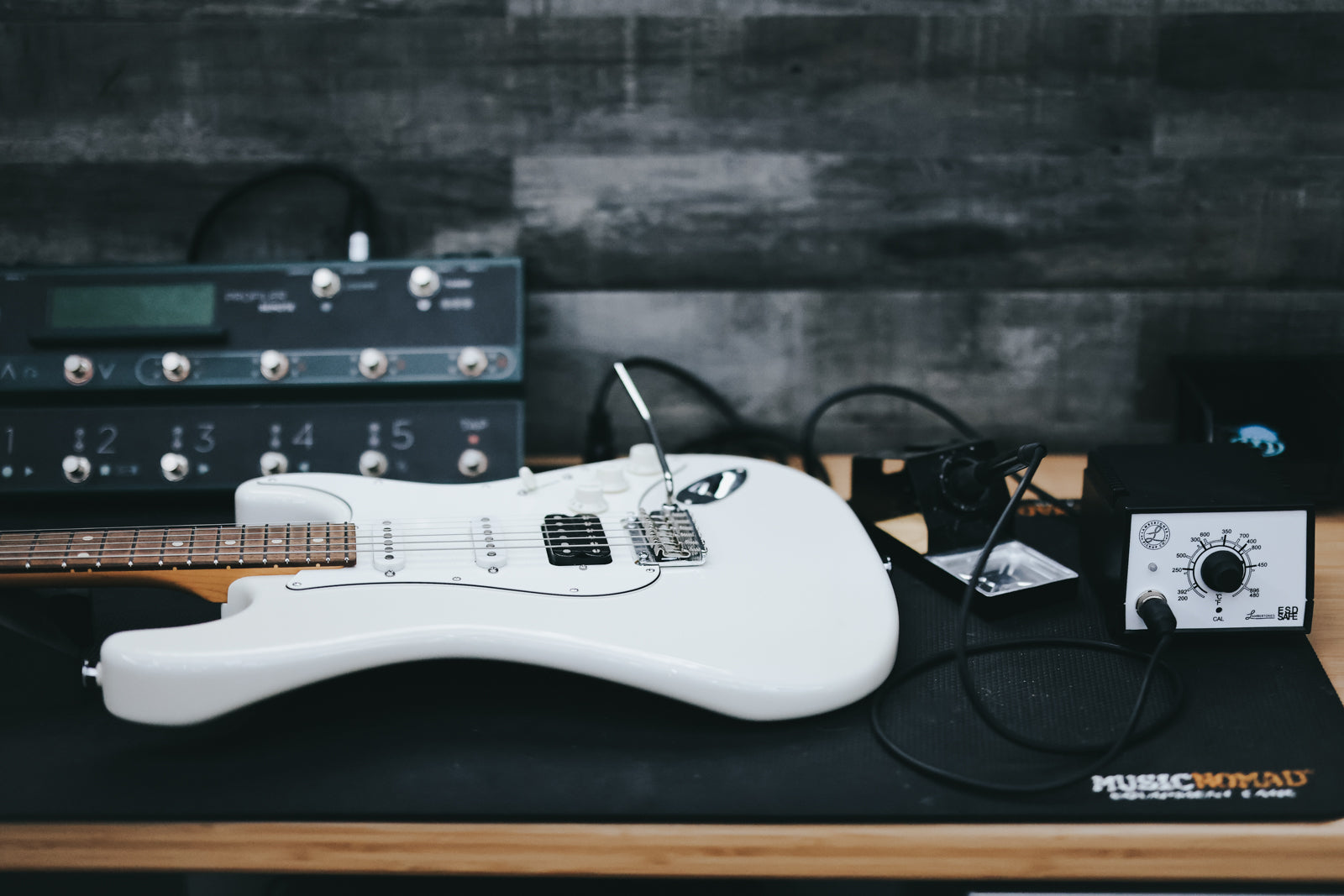 lambertones pickups guitar on tech bench ready for pickup install